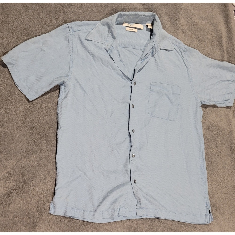 Perry Ellis 100% Silk Short Sleeve Button Up Shirt Blue Herringbone Mens M